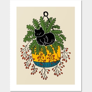 Black Cat Sleeping In A Hanging Yellow Plant Pot Posters and Art